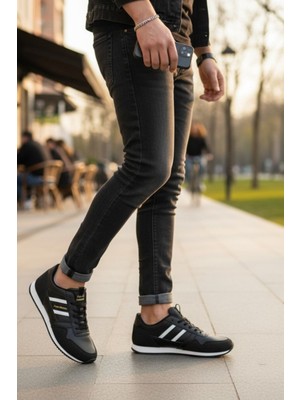 Enoch Erkek Günlük Spor Ayakkabı Gold Detaylı Siyah Sneaker Süet Garnili Klasik Şeritli Model