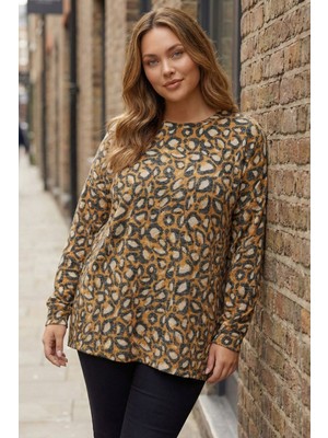 Stil Diva Büyük Beden Bisiklet Yaka Turuncu Leopar Desenli Yumoş Kazak 303869
