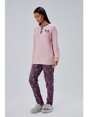 Moon Cover Mooncover Kadın Çiçek Nakışlı Yarım Pat Düğmeli Kışlık Pijama Takımı