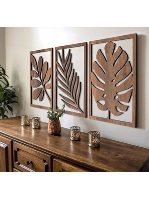 Doğal Yaprak Silüetli 3’lü Ahşap Duvar Tablo Seti