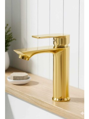 Kca Armatür Gold Altın Renk Sabit Gövde Lüx Banyo Lavabo Musluğu Bataryası