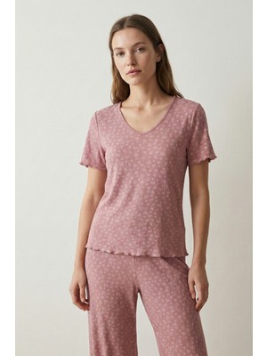 elemge Kadın Bambulu Mevsimlik Pijama Takımı Gül Kurusu Regular Fit Alt Üst Takım Kısa Kol Lastikli Esnek V Yaka 2'li Takım Cepsiz