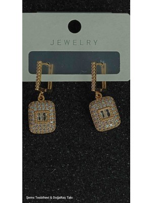 Altın Kaplama Taşlı Dikdörtgen Sallantılı Işıltılı Zirkon Taşlı Şık Kadın Küpe