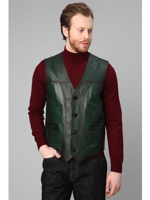 Dericlub Kossel Erkek Düğmeli Klasik Hakiki Deri Yelek Yeşil
