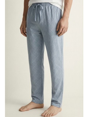 elemge Kareli Modal Elastan Erkek Pijama Altı Rahat Kalıp Regular Fit Cepli Ipli Esnek Mavi-Beyaz Ekoseli