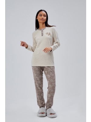 Moon Cover Mooncover Kadın Çiçek Nakışlı Yarım Pat Düğmeli Kışlık Pijama Takımı