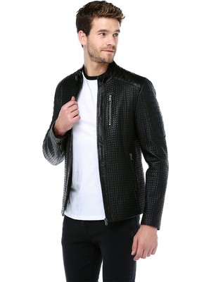 Dericlub E1055 Petek Desen Gerçek Deri Erkek Mont Siyah