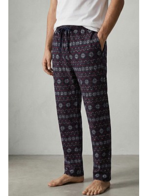 elemge %100 Pamuk Desenli Erkek Pijama Altı Interlok Kumaş Rahat Kalıp Cepli Ipli Lacivert Yılbaşı Temalı