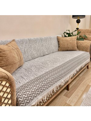 Koltuk Örtüsü Lüks Pamuklu Zikzak Desen Kaymaz Çift Taraflı Saçaklı Dekoratif Günlük Kullanım