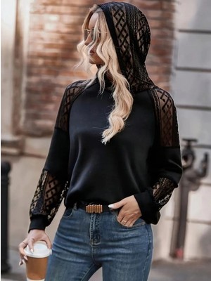 Marsilyan- Kadın Uzun Kollu Dantelli Kapşonlu Viskon Iki Iplik Bluz