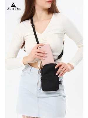 Av A Dos Kadın Siyah  Krinkıl Mini Telefon Cüzdan Boyun Askılı Çapraz Omuz Bel Çanta