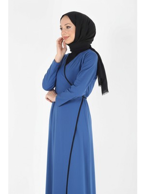 Plistre 1998_PRATIK Yandan Bağlamalı Kruvaze Biye Kuşaklı %100 Pamuk Kumaş Tesettür Namaz Elbisesi