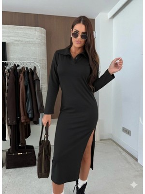 Marsilyan- Kadın Uzun Kollu Yakalı Yandan Yırtmaçlı Midi Modal Elbise