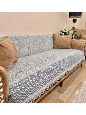 Koltuk Örtüsü Lüks Pamuklu Zikzak Desen Kaymaz Çift Taraflı Saçaklı Dekoratif Günlük Kullanım