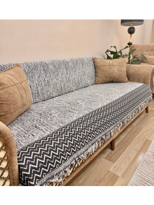 Koltuk Örtüsü Lüks Pamuklu Zikzak Desen Kaymaz Çift Taraflı Saçaklı Dekoratif Günlük Kullanım