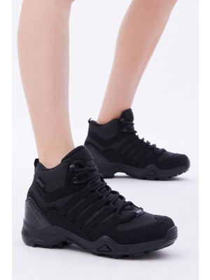 Tonny Black Unisex Siyah Siyah Rahat Kalıp Yanı Şerit Detaylı Bağcıklı Trekking Bot