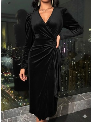 Marsilyan- Kadın Uzun Kollu Kruvaze Yakalı Yandan Büzgülü Midi Kadife Elbise