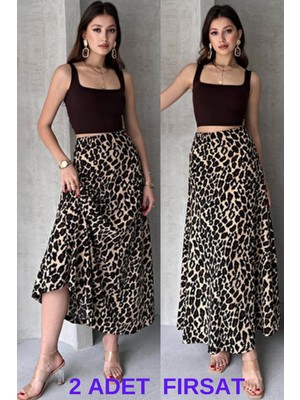 Feville 2'li Leopar Desenli Uzun Bürümcük Kloş Etek