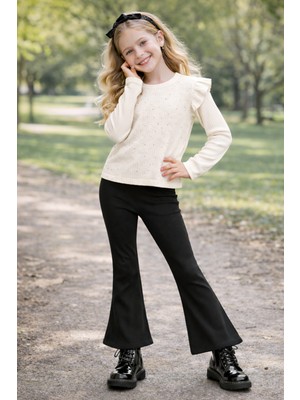 Mini Kanka Kız Çocuk 2’li Takım Taşlı Fırfırlı Uzun Kollu Bluz ve Pantolon Seti