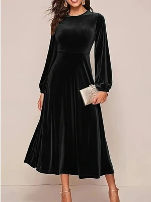 Marsilyan- Kadın Uzun Kollu Bisiklet Yaka Midi Kadife Elbise