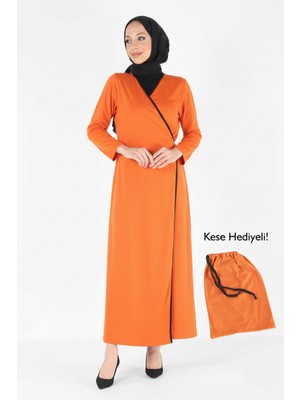 Plistre 1998_PRATIK Yandan Bağlamalı Kruvaze Biye Kuşaklı %100 Pamuk Kumaş Tesettür Namaz Elbisesi