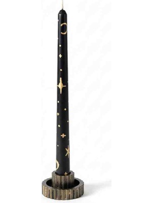 Yo&Ma Ay Yıldız Gece Temalı Şamdan Mum & Taş Tozu Şamdanlık Seti | Siyah Gold Dekoratif Mum (2’li)