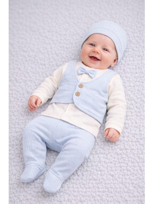 Dinamik çocuk Erkek Bebek 0-3AY Yenidoğan Takım Yelek Dikişli Papyonlu Kendinden Eldivenli Badi+Patikli Tulum+Şapka Mevlüt Bayramlık Takım