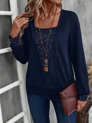 Marsilyan- Kadın Uzun Kollu V Yakalı Içi Süprem Desenli Dışı Viskon Bluz