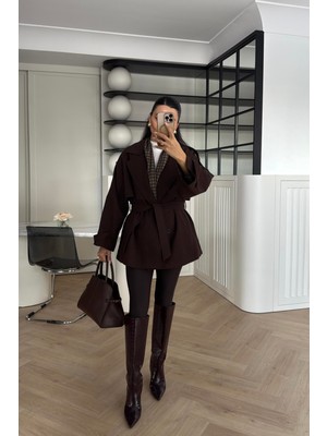 Narstorm Kadın Kemerli Kahverengi Araboy Kol Apoletli Şal Yaka Trençkot