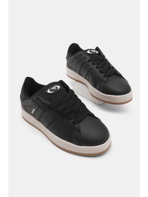 Tonny Black Kadın Siyah Siyah Termo Taban Yanı Şeritli Bağcıklı Spor Ayakkabı
