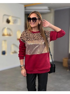 Marsilyan- Kadın Üç Iplik Şardonlu Kumaş Leopar Desenli Bluz