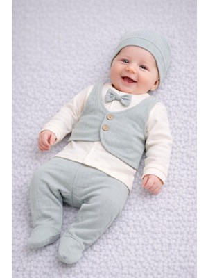 Dinamik çocuk Erkek Bebek 0-3AY Yenidoğan Takım Yelek Dikişli Papyonlu Kendinden Eldivenli Badi+Patikli Tulum+Şapka Mevlüt Bayramlık Takım