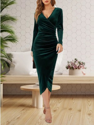 Marsilyan- Kadın Uzun Kollu Kruvaze Yaka Belden Büzgü Detay Midi Kadife Elbise