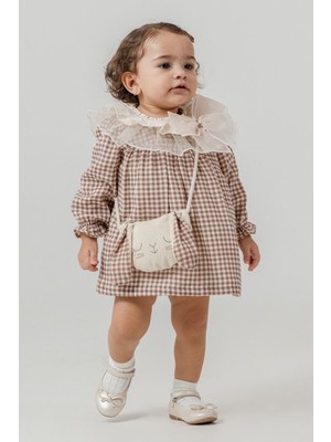 Miniğimin Cicileri Minigimin Cicileri Prenses Yaka Tül Güpürlü Pötükare Elbise Çantalı 2'li Kız Bebek Takım - Kahverengi