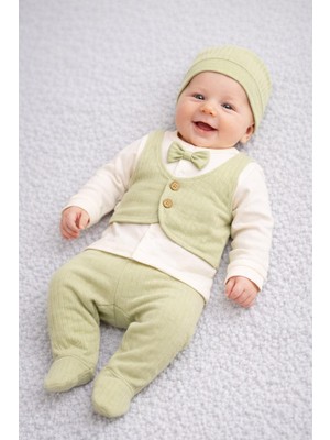 Dinamik çocuk Erkek Bebek 0-3AY Yenidoğan Takım Yelek Dikişli Papyonlu Kendinden Eldivenli Badi+Patikli Tulum+Şapka Mevlüt Bayramlık Takım