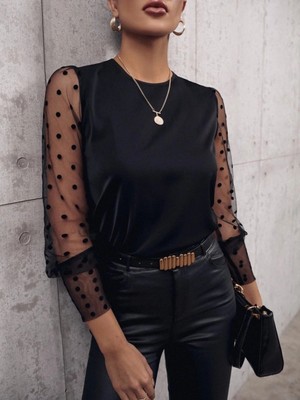 Marsilyan- Kadın Uzun Kollu Bisiklet Yaka Kollar Puantiyeli Tül Detaylı Sandy Bluz
