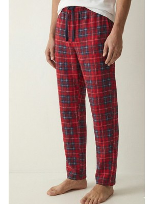 elemge Kareli Erkek Pijama Altı Yumuşak Süet Kumaş Rahat Kesim Cepli Ipli Relax Fit Kırmızı Ekoseli Esnek