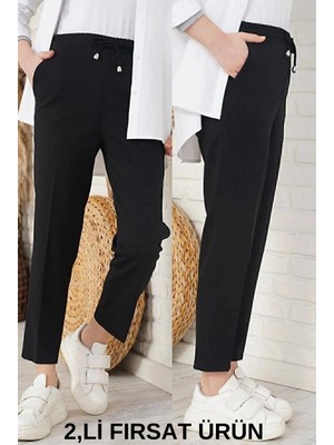 Feville 2'li Kadın Siyah Havuç Paça Büyük Beden Krep Kumaş Likralı Pantolon