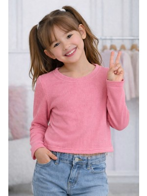 Mini Kanka Kız Çocuk Uzun Kollu Fitilli Crop Tişört Zincir Detaylı Bluzz