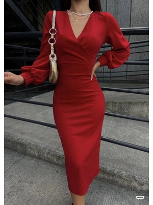 Marsilyan- Kadın Kruvaze Yaka Balon Kol Simli Krep Kumaş Midi Boy Elbise