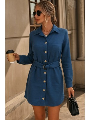 Marsilyan- Kadın Uzun Kollu Yakalı Önden Düğmeli Beli Kuşaklı Mini Ithal Keten Elbise