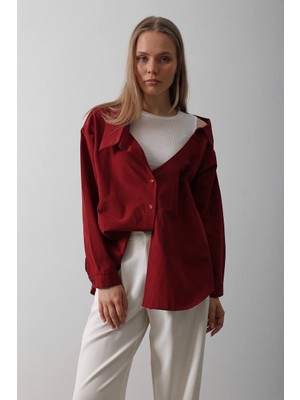 Kinzi Atlet Detaylı Bordo Oversize Gömlek