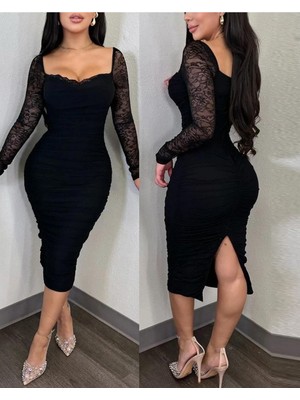 byasafkids Kadın Uzun Kollu Dantelli Büzgü Detaylı Yırtmaçlı Midi Sandy Elbise