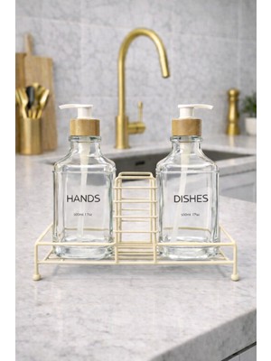 Zürih Collection 2'li Modern Cam Sabunluk Seti Metal Standlı Deterjanlık Seti Şeffaf Cam