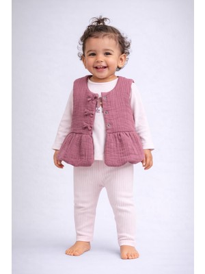 Dinamik çocuk Kız Bebek Müslin Yelekli Badili 3'lü Takım – Mevsimlik Fiyonk Detaylı Alt Üst Set 0-3-6-9-12AYLIK