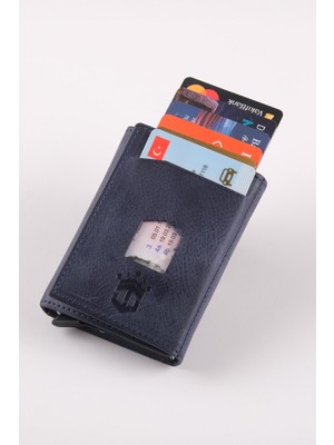 Ancora Leather Hakiki Deri Crazy Deri Erkek Cüzdanı Otomatik Kartlık Mekanizmalı Lacivert Çıt Çıtlı