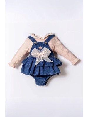 Miniğimin Cicileri Minigimin Cicileri Bear Nakışlı Tül Fiyonk Detaylı Kız Bebek 2 Li Salopet Takım - Koyu Mavi