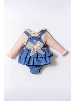 Miniğimin Cicileri Minigimin Cicileri Bear Nakışlı Tül Fiyonk Detaylı Kız Bebek 2 Li Salopet Takım - Açık Mavi