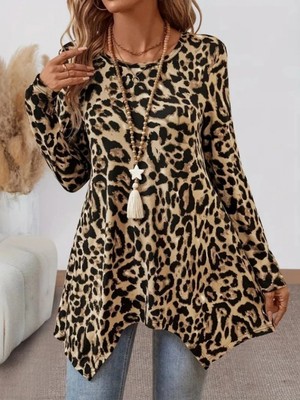 Marsilyan- Kadın Uzun Kollu Bisiklet Yaka Leopar Desenli Süprem Bluz