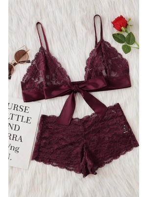 Zenvia Znva™ Kadın Bordo Dantelli & Kurdelalı Sütyen Külot Takımı